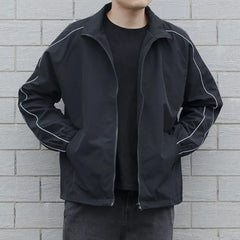Threebooy Jackets Men Autumn Pockets Casual Patchwork Loose Windbreaker Stripe Zipper Stand Collar Waterproof Outdoor Sports Bomber Jacket