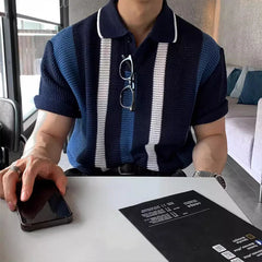 Threebooy Men's Clothing Fashion Tops Light Luxury Korean Popular Hollow Out Polo Shirt Leisure Short Sleeve Solid Color Striped Knitwear