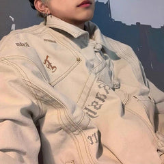 Threebooy Men Denim Jacket Cheongsam Button Letter Print Bomber Jacket Streetwear Fashion Youth Campus Versatile Casual Top Men'S Clothing