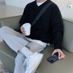 Threebooy Men's Casual Knitted V Neck Pullover Sweater Light Luxury Korean Solid Color Leisure Long Sleeve Tops Autumn Winter Knitwear