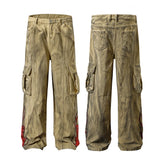 Threebooy Ankle Flame Embroidery Straight Loose Cargo Pants for Men High Street Pockets Casual Denim Trousers Oversized Unisex Jeans