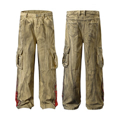 Threebooy Ankle Flame Embroidery Straight Loose Cargo Pants for Men High Street Pockets Casual Denim Trousers Oversized Unisex Jeans