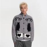 Threebooy Personality Cat Cardigan Contrasting Color Jacquard Stand-up Collar Sweater Coat Autumn Winter Loose Knitted Cardigan