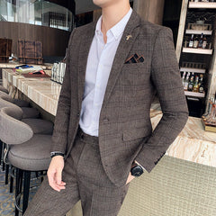 Threebooy 6XL 7XL (Blazer+Pants) Brand Men's Formal Business Suits Two-Piece Set Groom Wedding Party Dress Solid Color Plaid Tuxedo Jacket