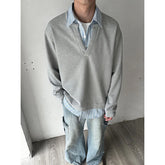 Threebooy Autumn American retro loose fitting fake two-piece long sleeved sweatshirt men's casual patchwork striped top