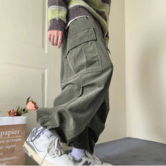 Threebooy Vintage Corduroy Pants Men Fashion Oversize Pocket Cargo Trousers Streetwear Fashion Hip Hop Loose Straight Pants Male Joggers