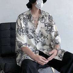 Threebooy Mens Shirts Floral Print Casual Shirts Summer Trend Streetwear Versatile Youth Breathable Five-Point Sleeve Tops Men'S Clothing
