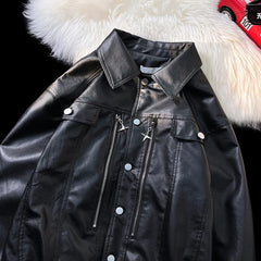 Threebooy Retro Motorcycle Leather Jacket Men's Spring Autumn Pu Jacket Loose Windproof Jackets Zipper Single-breasted Turndown Collar Top