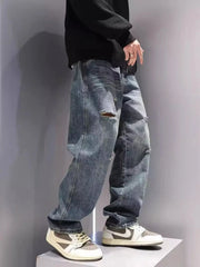 Threebooy New Men's Ripped Jeans Baggy Straight Fashion Vintage Blue Denim Pants Personality Streetwear Hip Hop High Quality Male Trousers