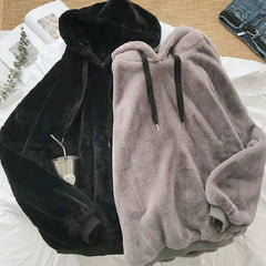 Threebooy Winter Mens Loose Hooded Sweatshirt Thick Fleece Lined Couple Ins Trendy Warm Lazy Pullover Top