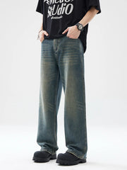 Threebooy Autumn New Baggy Straight Jeans Men Full Length Washed Distressed Denim Pants High Street Korean Streetwear Male Trousers Black