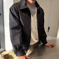 Threebooy Trendy Vintage Versatile Cropped Lapel Jacket Zipper Up Casual Style Niche American Style Jacket For Men Fashionable Spring Autu