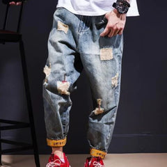 Threebooy With Print Tapered Men's Jeans Broken Ripped Retro Korean Fashion Man Cowboy Pants Graphic Torn Slim Fit Boot Cut Holes Trousers