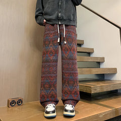 Threebooy Autumn Woolen Pants Men Warm Retro Plaid Knitted Pants Men Japanese Streetwear Loose Straight Pants Mens Vintage Trousers M-3XL