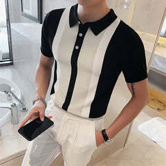 Threebooy Vintage POLO Shirt Men Stripe Patchwork Knitting Casual Lapel Pullover Summer Fashion Men Short Sleeve Slim POLO Shirt 3XL