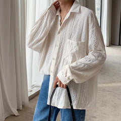 Threebooy Autumn French Vintage Hollow Long Sleeve Shirt Lazy Style Niche Design Trendy Loose Top