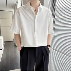 Threebooy Summer Ice Silk Shirt Men's Short-sleeved Trendy Brand Men's Casual High-end Sense Handsome Five-point Sleeve White Shirt