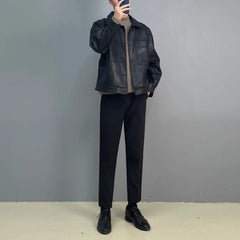 Threebooy Mens Leather Jacket Motorcycle Pocket Jacket Autumn Casual Streetwear Retro Korean Version Jacket Men's Clothing Unisex