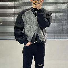 Threebooy Mens Autumn Jacket Woolen Patchwork Fake Two-Piece Zipper Contrast Color Casual Streetwear Male Top New Fashion Men'S Clothing
