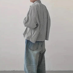 Threebooy New Japanese Trendy Men Shirts Light Luxury Textured Lapel Striped Long Sleeve Cardigan Tops Leisure Premium Loose Blouse M-2XL