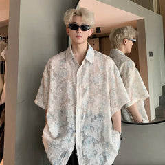 Threebooy Transparent Floral Handsome Shirts Summer Thin Fashion Casual Streetwear Loose Shirt Breathable Short Sleeve Men's Clothing
