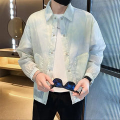 Threebooy Spring Autumn Fashion Turn-down Collar Long Sleeve Solid Color Men's Clothing Sunscreen Breathable Pockets Button Trend Thin Top