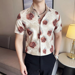 Threebooy Summer New Printed Ice Silk Shirt High-quality Luxury Fashion Men's Slim Fit Business Casual Short Sleeved Shirt Homme 4XL-M