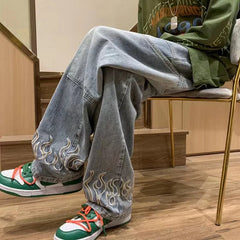 Threebooy Fashion Embroidery Men Jeans Wide Leg Denim Trousers Fashion Streetwear Loose Straight Jeans Youth Casual Baggy Hip Hop Pants