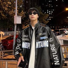Threebooy Autumn Varsity Jacket Long Sleeve Motorcycle Jacket Racing Baseball Jacket Men Y2k Printed Casual Loose Coat