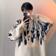 Threebooy Tie-dyed Sweater for Men Handsome Lazy Style Loose Knitted Sweater New Style Casual Sweater High Street
