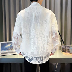 Threebooy Summer Fashion White Mesh Shirt Men Transparent Printing Casual Loose Long Sleeve Tops Streetwear Lapel Party Clubwear Tops