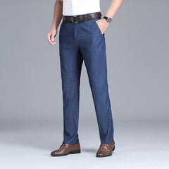 Threebooy New Men's Summer Thin Jeans Loose Stretch Large Size Ice Silk Straight Pants Elite Business Casual Pants Smoke Gray Blue
