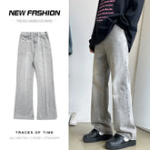 Threebooy Men's Vintage Light Gray Bootcut Jeans Fashion Korean High Street Denim Trousers Elastic Waist Comfortable Pants Male Clothing