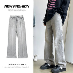 Threebooy Men's Vintage Light Gray Bootcut Jeans Fashion Korean High Street Denim Trousers Elastic Waist Comfortable Pants Male Clothing