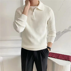 Threebooy Men's Clothing Luxury Knit Pullover Zipper Polo Neck Sweater Leisure Streetwear Popular Retro Solid Color Long Sleeve Knitwear
