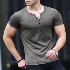 Threebooy Summer New European and American Men's Henley Shirt Solid Color Button Short Sleeve T-shirt