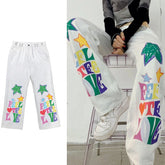 Threebooy Printed cartoon letter mopping pants high waist four seasons men jeans hiphop street loose casual straight wide leg trousers