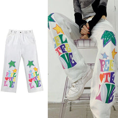 Threebooy Printed cartoon letter mopping pants high waist four seasons men jeans hiphop street loose casual straight wide leg trousers
