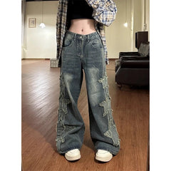 Threebooy Y2K Streetwear Star Patch Embroidery Baggy Stacked Jeans Pants For Men Clothes Wide Leg Old Straight Denim Trousers
