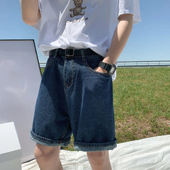 Threebooy Summer Blue Denim Shorts Men Fashion Casual Straight Denim Shorts Men Streetwear Loose Hip Hop Retro Jeans Shorts M-2XL