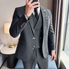 Threebooy Men's 2 Piece Set Suit Slim Fit Trendy Plaid Professional Formal Wear Groom Handsome Wedding Suit