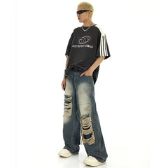 Threebooy Hole Patchwork Baggy Jeans Man Pants American Vintage Straight Wide Leg Pants Hip Hop Street Punk Y2k Jeans Loose Denim Trousers
