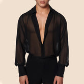 Threebooy Men's Clothing Mesh See Through Mesh Sexy Long Sleeve Shirt Solid Color Button-down Vintage Streetwear Retro Party Tops S-XL