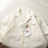 Threebooy Japanese Linen Tops Summer Korean Style Men's Embroidered Loose Casual Cuban Collar Short-sleeved Shirt Aesthetic Academy Chic
