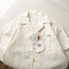 Threebooy Japanese Linen Tops Summer Korean Style Men's Embroidered Loose Casual Cuban Collar Short-sleeved Shirt Aesthetic Academy Chic