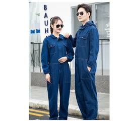 Threebooy Denim Coveralls Electric Welding Suit Labor Insurance Clothes Auto Repairman Workwear Hooded Overalls 170/175/180/185/190cm 4XL