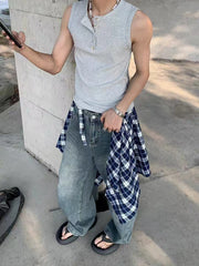Threebooy Basic Color Elastic Slim Fit Sports Vest Men Summer Thin Ice Silk Cool Feeling Henry Collar Sleeveless T-Shirt Trendy