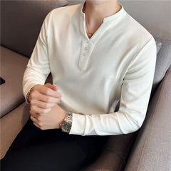 Threebooy British Style Men's Summer Casual Long Sleeve V-Neck T-Shirts/Male Slim Fit High Quality T-Shirt Tees Plus size S-4XL