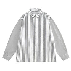 Threebooy Men Retro Striped Shirt Hip Hop Streetwear Oversize Shirt Chest Pocket Harajuku Long Sleeve Checkered Patchwork Shirt Coats
