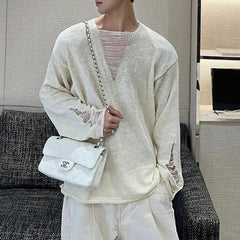 Threebooy Korean Style V-Neck Knitted Long-Sleeved Sweater Men Autumn And Winter New Fashion Trend Loose Lazy Casual Knitted Sweater Men